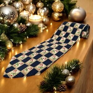 Robert Stock VTG 100% Silk Christmas Navy Blue Holly & Candy Cane Necktie Tie